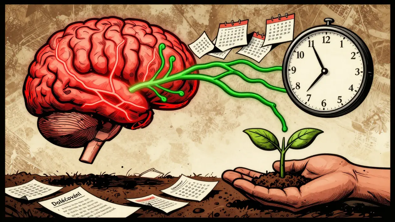 Mozek s přestavěnými nervovými cestami, kde staré spojení s látkou mizí a vznikají nové cesty k uzdravení.