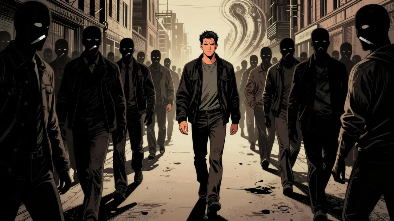Muž prochází ulicí, všichni kolem něj jsou maskované postavy s skrytými hrozbami, jeho obličej je jediný čistý.