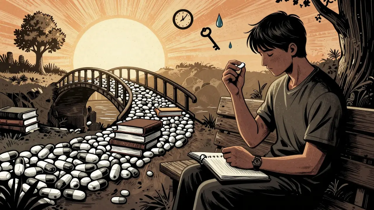 Osoba na lavičce drží pilulku a sešit, za ní most z léků a knih o terapii vede ke světlu.