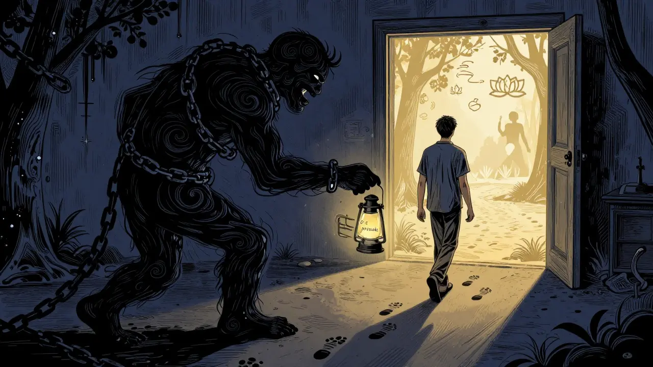 Osoba odchází od stínového monstra myšlenek, drží lucernu s otázkou 'Je to pravda?' a jde ke světlu.