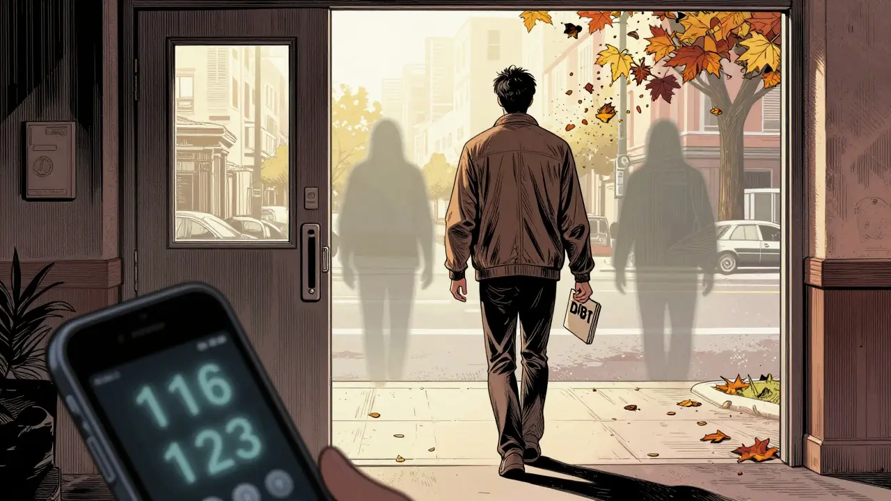 Osoba odchází z nemocnice do slunečné ulice, drží poznámky DBT, za ní se rozptylují stíny bolesti.