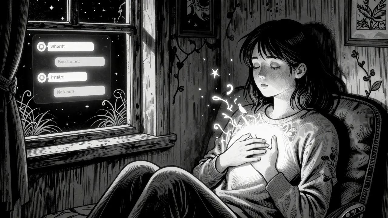 Osoba v tiché noční místnosti cítí svůj vnitřní hlas, který se vynořuje jako světlo z jejího srdce.