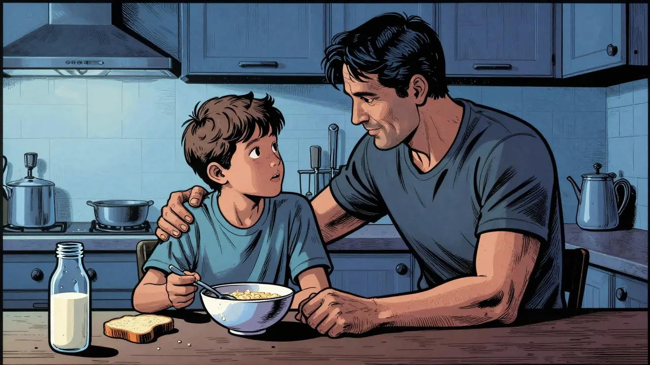 Otec a syn sedí na kuchyňské lavici v šero, mezi nimi mírně snězená kaše, klidná chvíle bez slov, plná podpory.