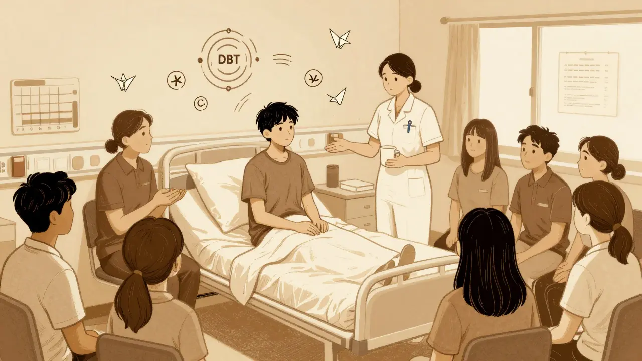 Pacient v klidné nemocniční místnosti s terapeutem a podporující skupinou, teplé osvětlení.