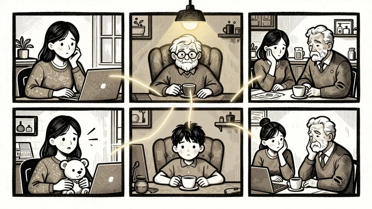 Rodina na videokonferenci: rodiče, dítě a dědeček v různých místnostech, spojení emoce přes světelné linky.