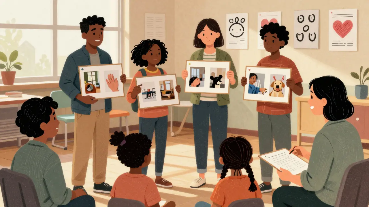 Rodiny s komunikačními deskami ve společenském centru.