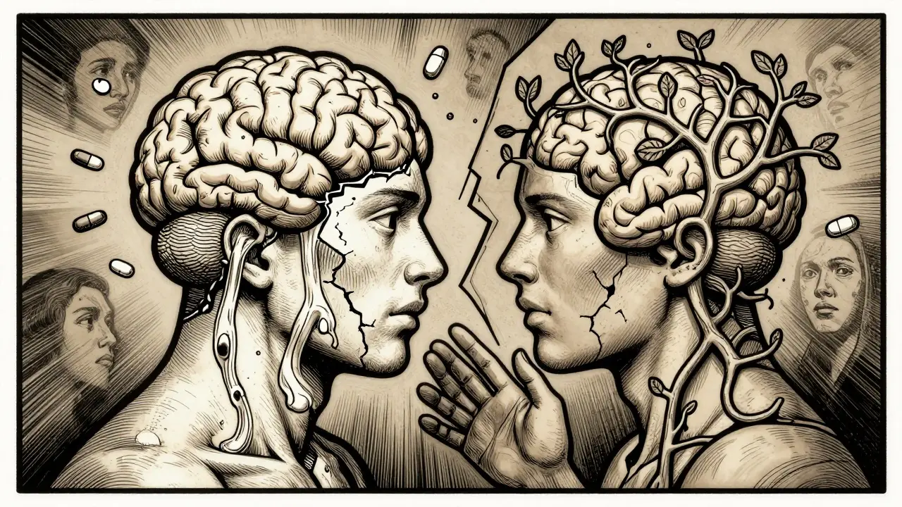 Rozdělená postava: jedna polovina s léky, druhá s větvemi symbolizujícími psychoterapii.