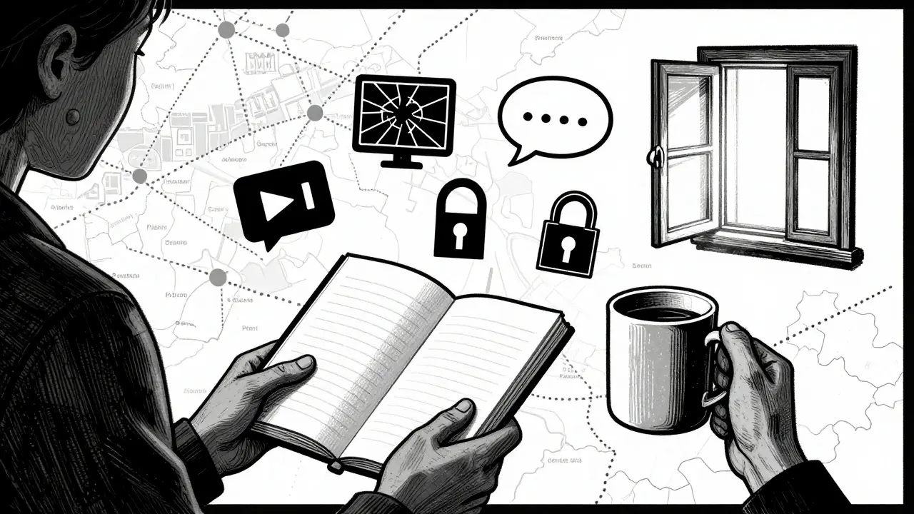 Ruce terapeuta s poznámkami a kávou, kolem nich symboly technických přerušení a otevřeného okna v dřevorytovém stylu.