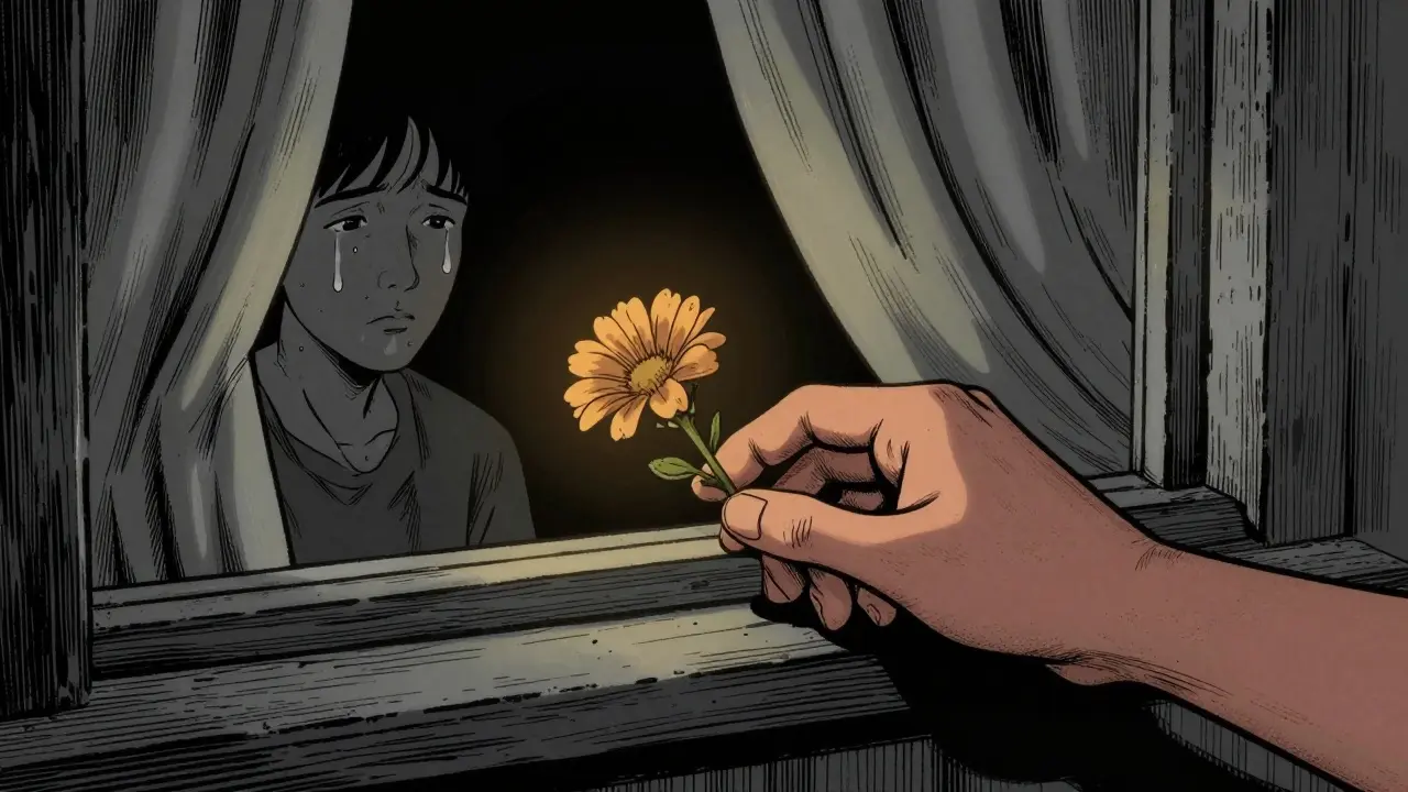 Ruka klade květinu na windowsill, postava za záclonou pozoruje, symbolizující náznak důvěry v terapii.