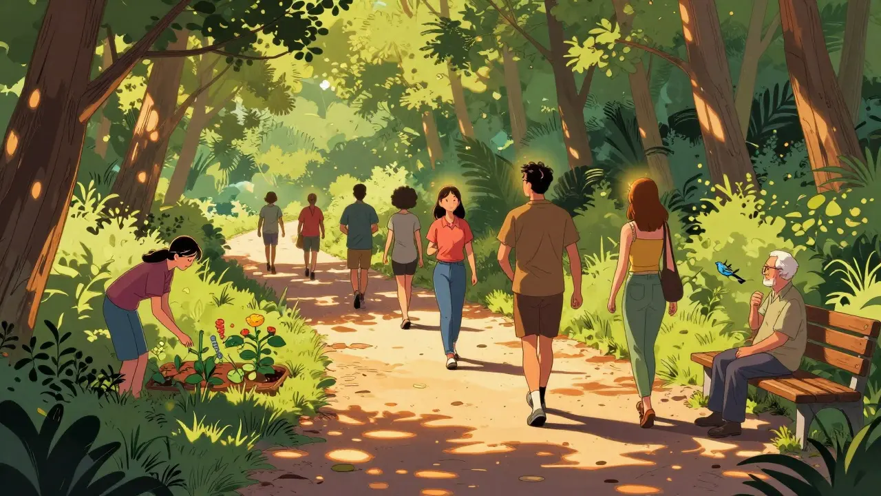 Různí lidé procházejí lesní cestou, starší osoba sedí na lavičce, ptáci v pozadí.
