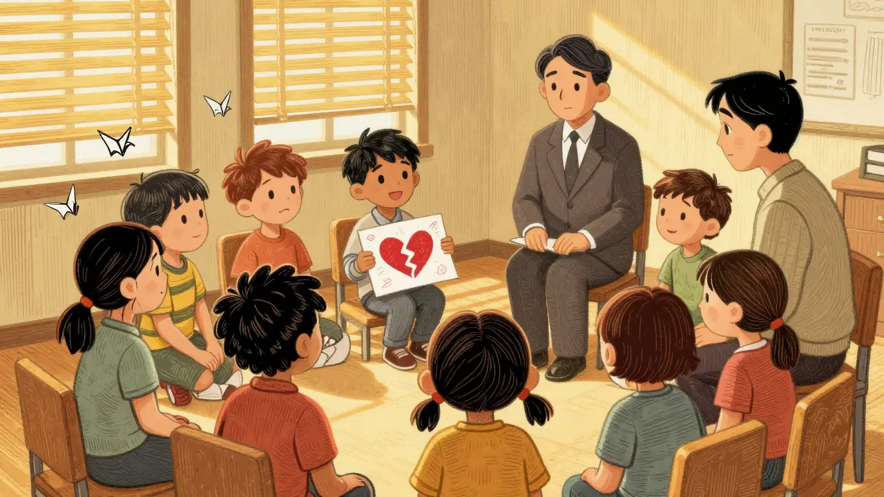 Skupina dětí v terapii, jedno drží kresbu s rozbíjeným srdcem, terapeut je v pozadí s klidným výrazem.