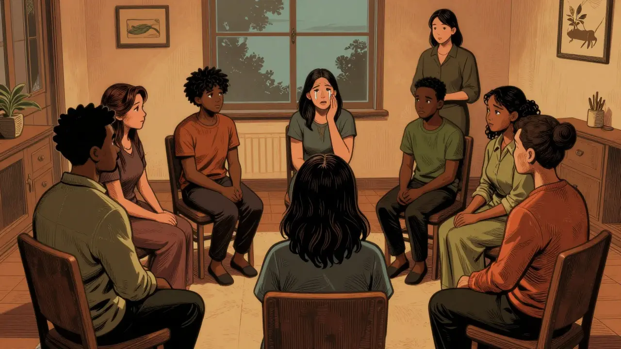 Skupina lidí v terapii, jeden pláče, ostatní naslouchají s empatií ve světlé místnosti.