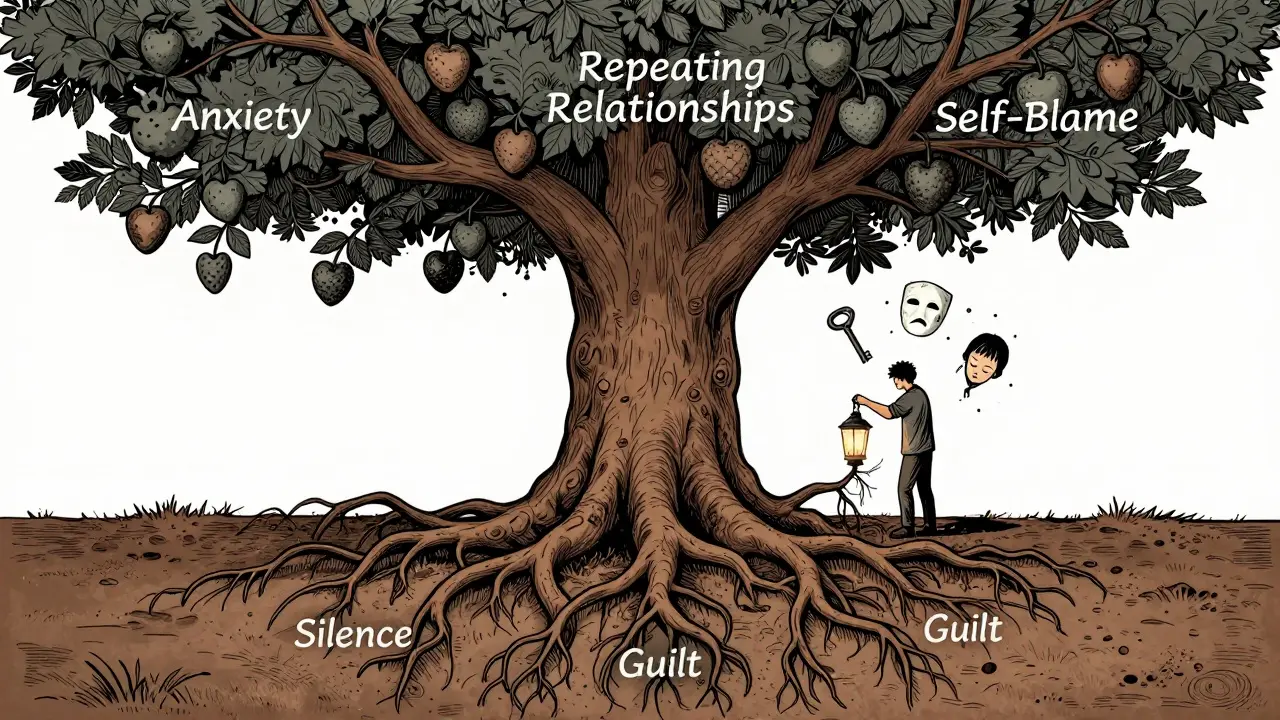 Strom s kořeny minulosti a ovoce emocí, člověk řeže kořen s pomocí lampy.