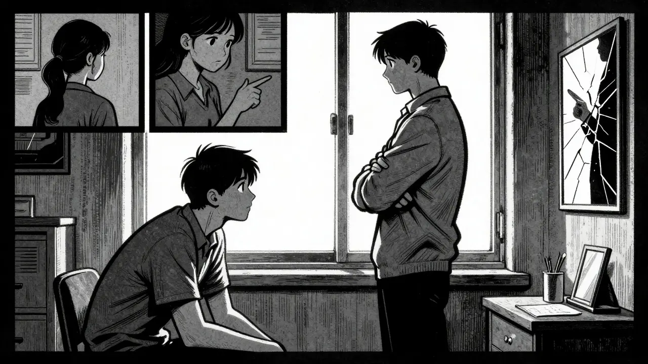 Terapeut a klient se navzájem sledují, kolem nich se vynořují fragmenty z minulých vztahů.