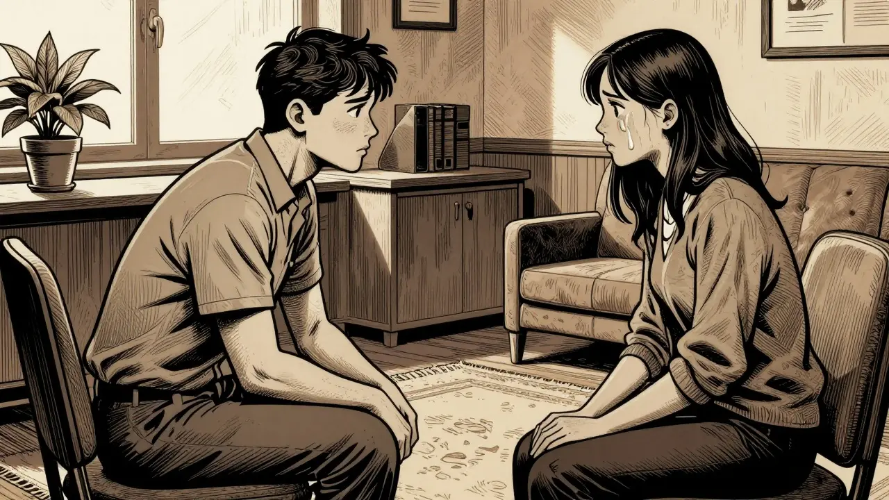 Terapeut a klient sedí tváří v tvář v klidné kanceláři, klient projevuje emocionální ranitost.