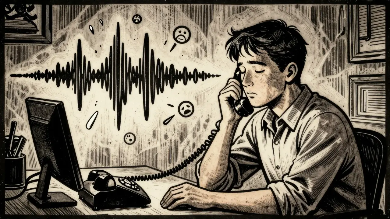 Terapeut naslouchá hlasu z telefonu, kolem něj visí symboly emocí, žádná kamera.