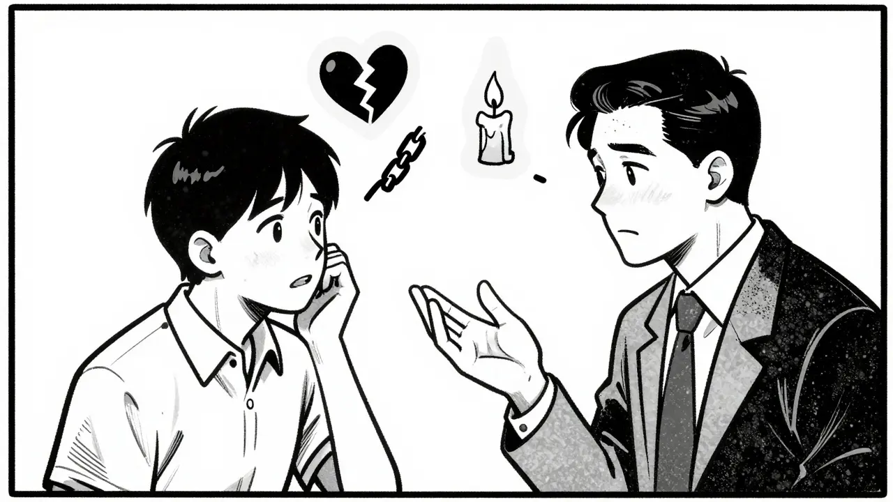 Terapeut odráží emoce klienta, nad hlavou klienta se objevují symboly bolesti.