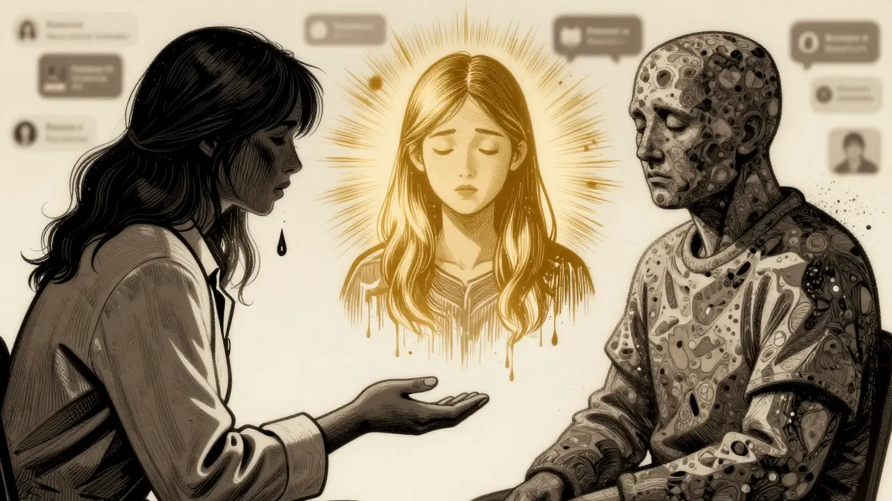 Terapeut poskytuje prostor pro ticho, zatímco tři druhy ticha se objevují jako vizuální symboly kolem klienta.