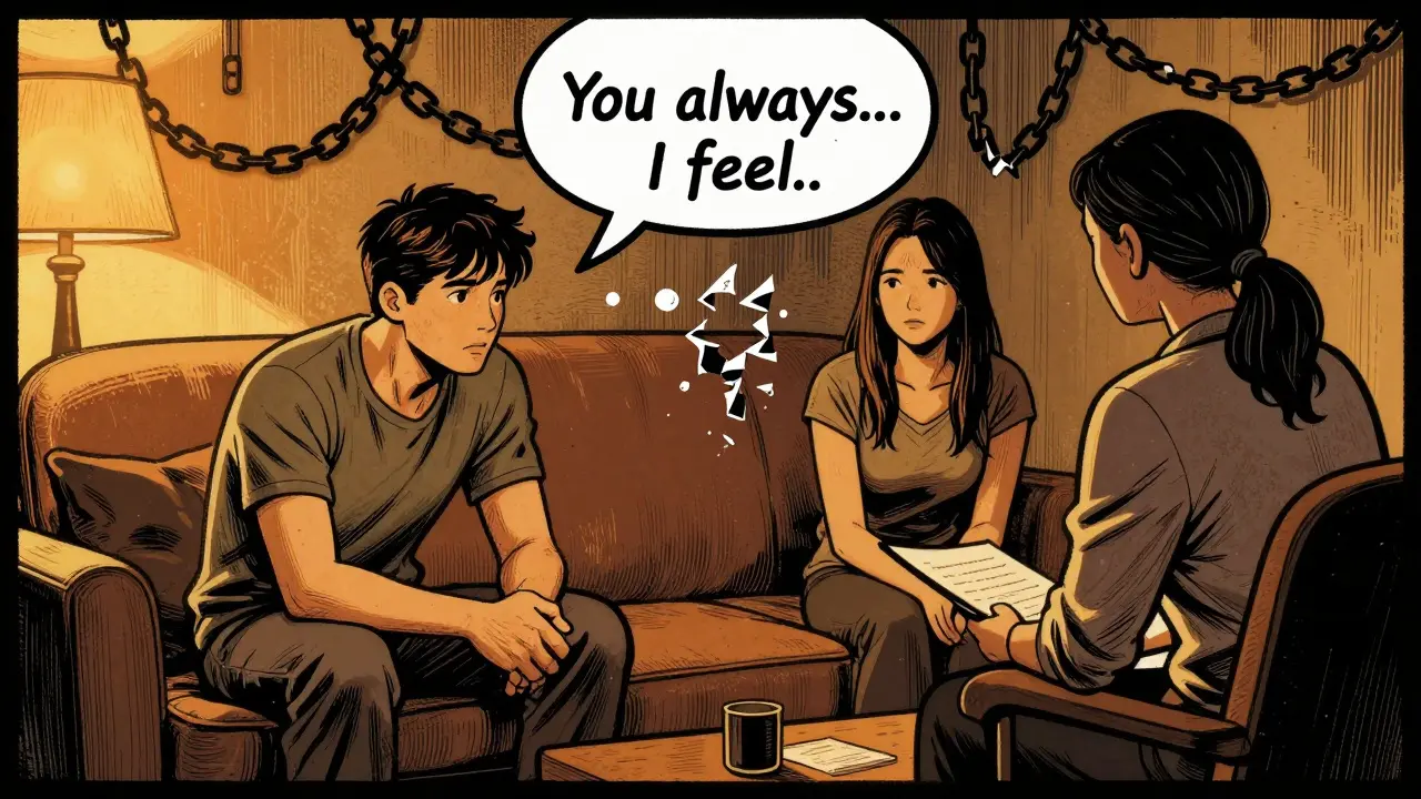 Terapeut sedí mezi párem, který se vyhýbá kontaktu, nad nimi plavou roztržené slova.