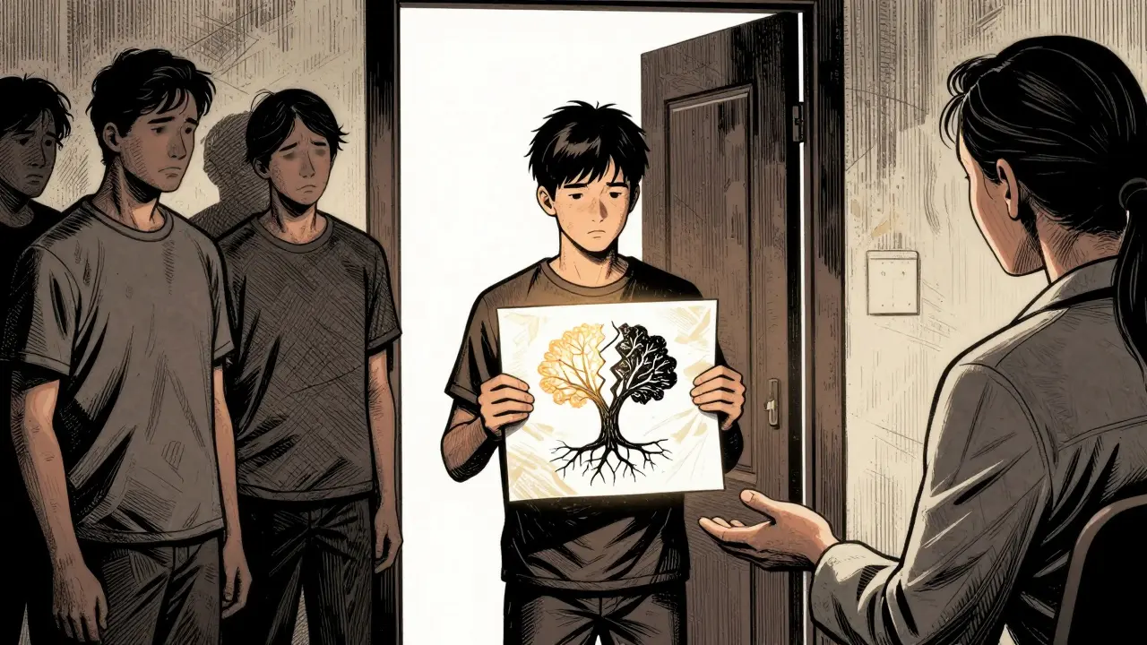 Therapist between teen and parents, teen holding drawing of split tree.