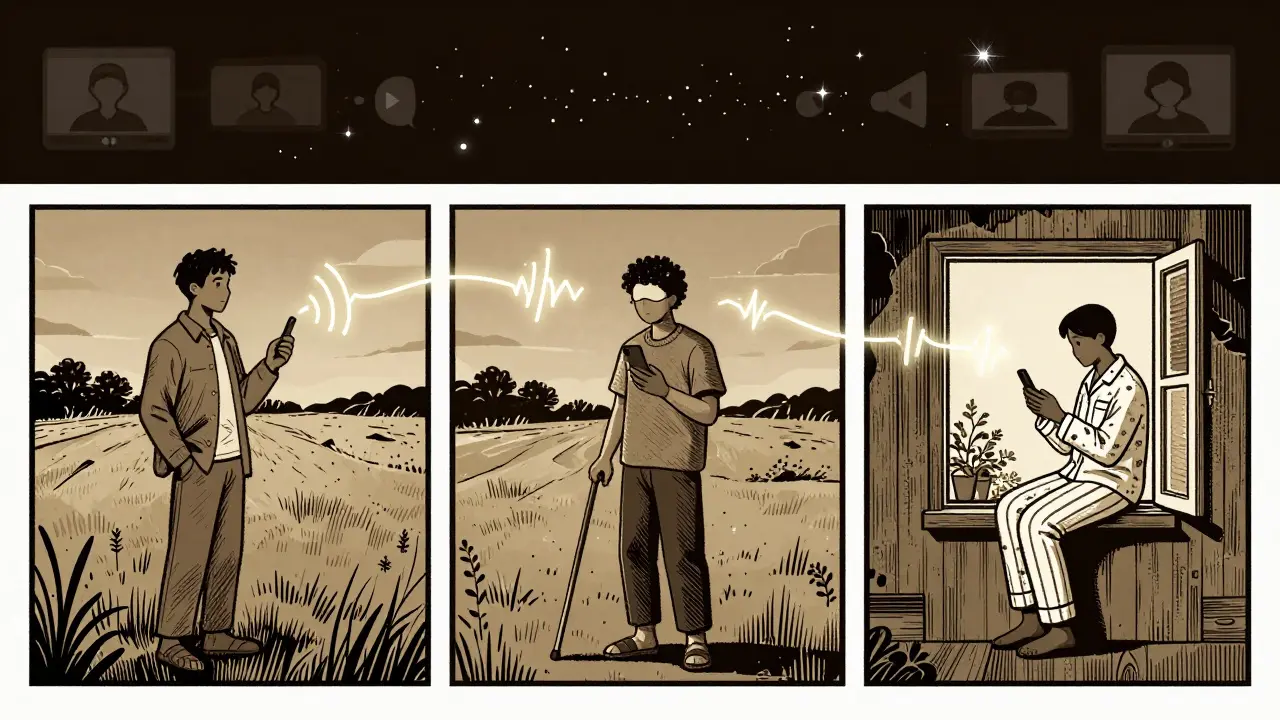 Tři lidé různých životů spojeni hlasem, videohovory mizí v hvězdách.