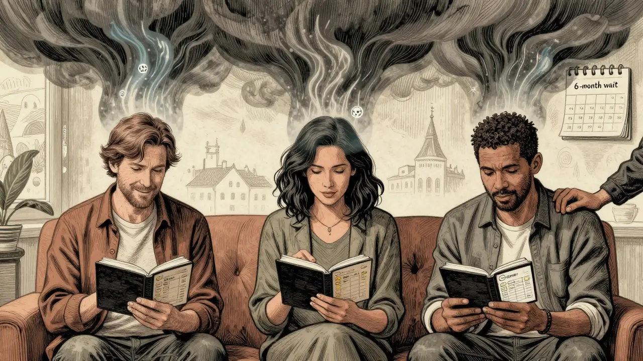 Tři lidé s ADHD v terapii, sledují emoce na telefonech, partner podporuje, za nimi Praha.