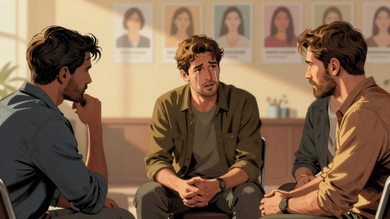 Tři muži sedí ve skupinové terapii, jeden mluví, ostatní ho podporují tichým přijetím, teplo a soucit v jejich tělech.