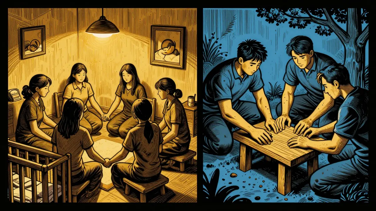 Ženy v kruhu s dítětem a muži staví lavici — dvě terapie, dvě cesty k uzdravení.