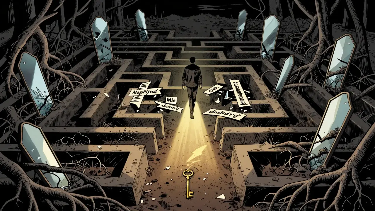 Cesta skrz lábirynt zlomených zrcadel a kořenů, kde se objevuje zlatý klíč.
