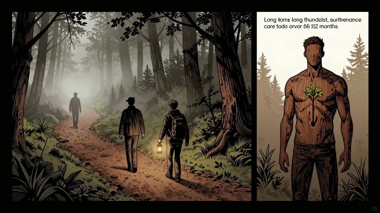 Cesta skrz les s třemi fázemi terapie: izolace, průvodce a obnova.