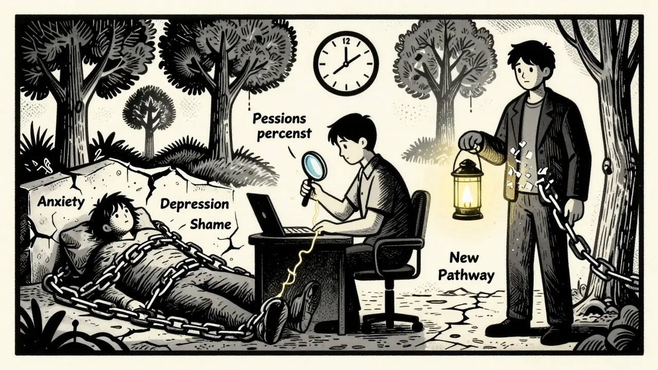 Člověk se zbavuje řetězů úzkosti a škamny, zatímco terapeut objevuje příčiny v minulosti, a nová cesta se objevuje v pozadí.