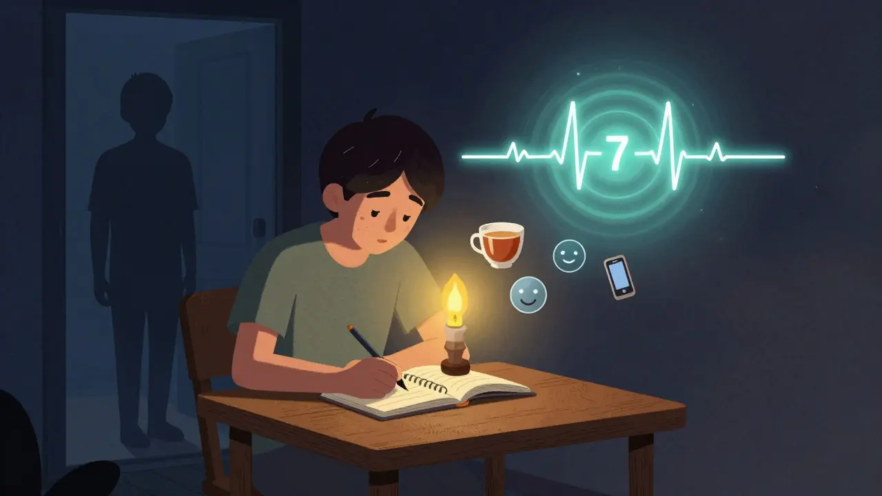 Člověk zapisuje vděčnost večer, s dechovým cvičením a přítomností přítele v pozadí.