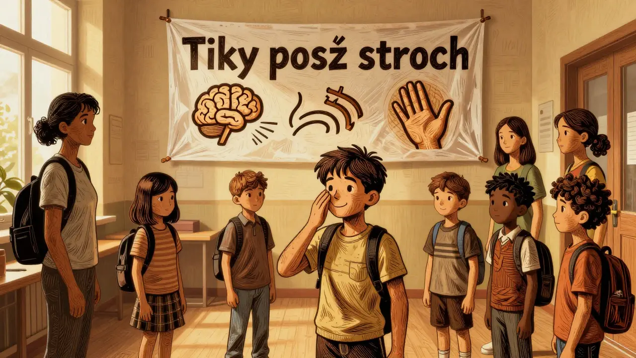 Děti a rodiče v škole podporují jednoho dítěte, které používá naučenou techniku, pozadí ukazuje plakát 'Tiky bez strachu'.