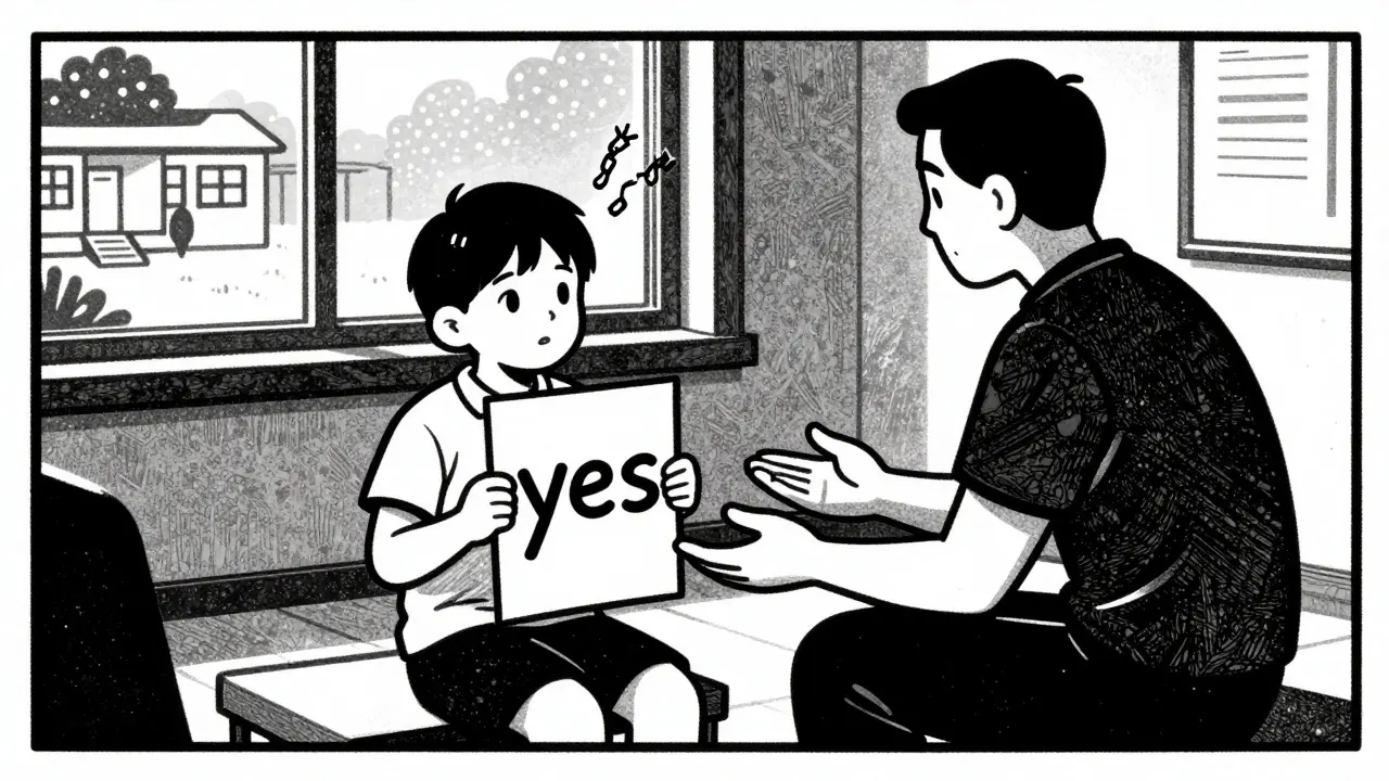 Dítě odpovídá na terapii písmenem na papíře, terapeut ho podporuje.