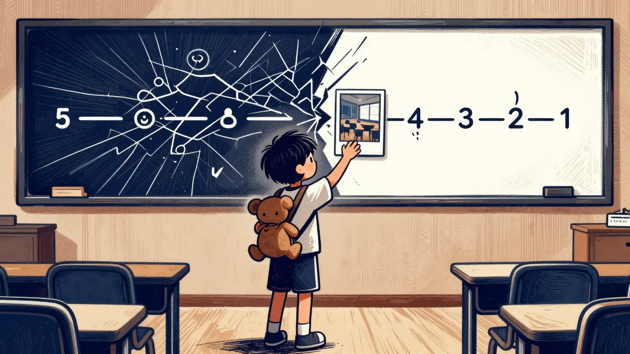 Dítě stojí v nové třídě, drží známý hračku a dívá se na fotku dřívějšího prostředí, za ním se dělí časová čára.