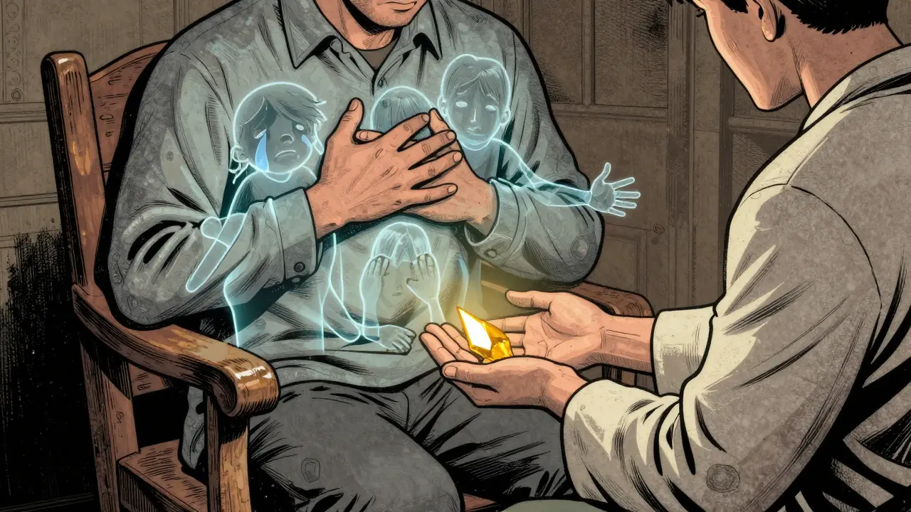 Dospělý člověk přijímá zlatý kousek od terapeuta, z jeho hrudníku vyrůstají tři dětské postavy.