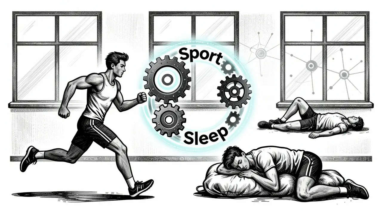 Dva lidé spojení kruhem sportu a spánku, třetí zhroutený z přetížení.