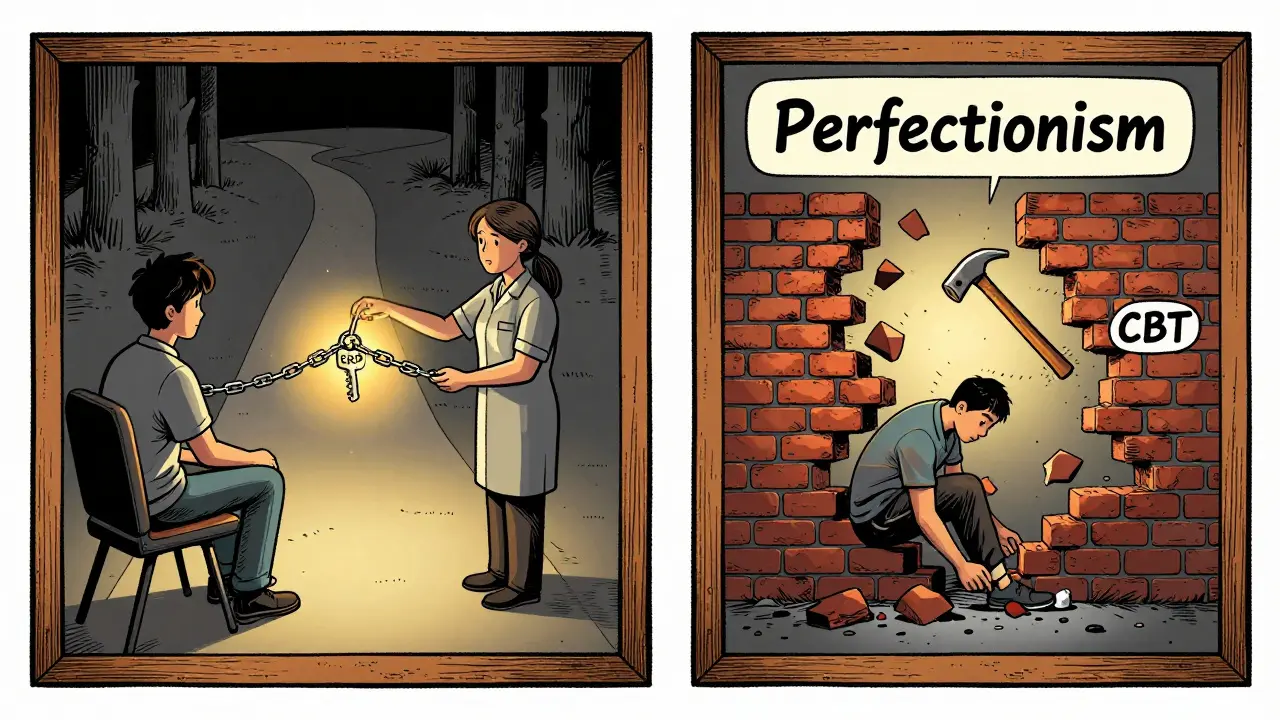 Dvě rovnoběžné scény terapie: ERP uvolňuje řetězy, CBT ničí zeď dokonalosti, woodcut komiksový styl.