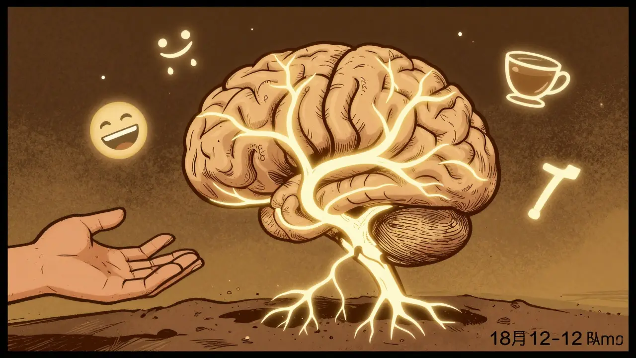 Křížový řez mozku s obnovujícími se nervovými spojeními během osmi až dvanácti týdnů léčby.