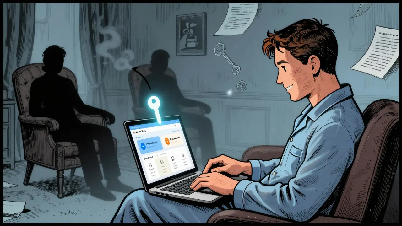 Osamělý uživatel v domácím režimu aktivuje terapeutický modul přes aplikaci Benefit Plus, zatímco staré formy terapie mizí.