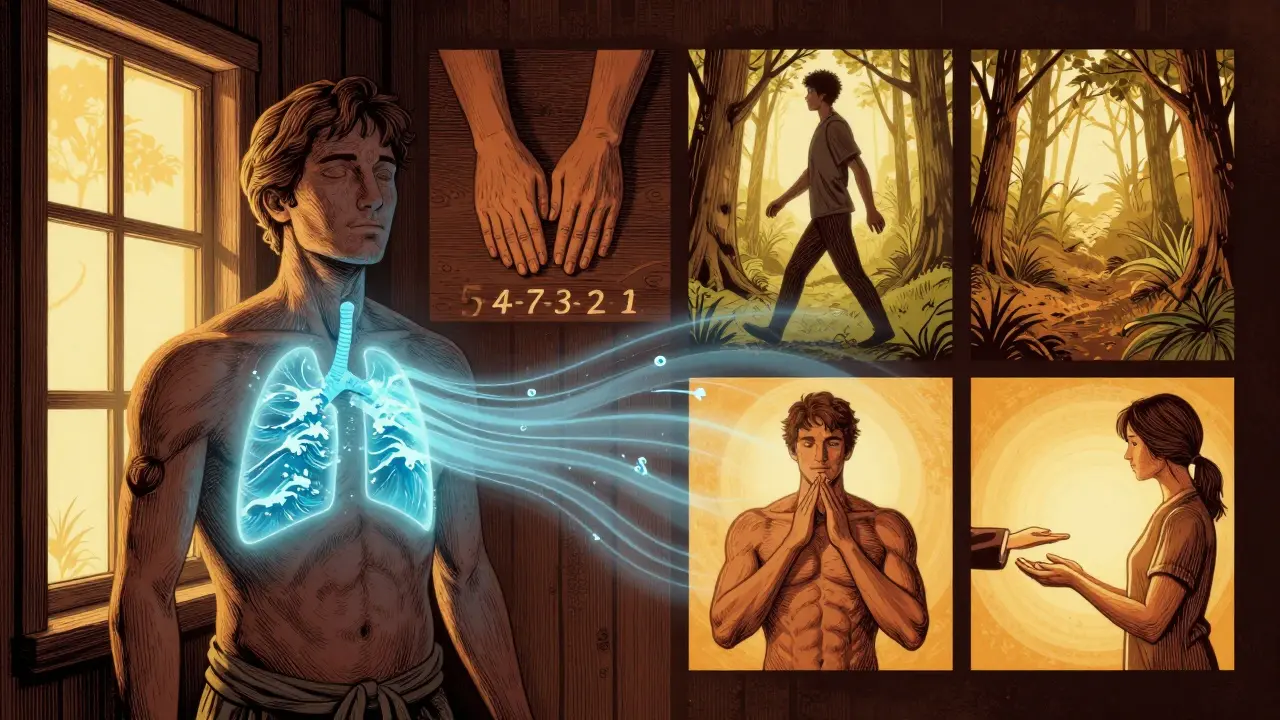 Osoba dýchá, zároveň vidíme čtyři techniky, které pomáhají uklidnit úzkost.