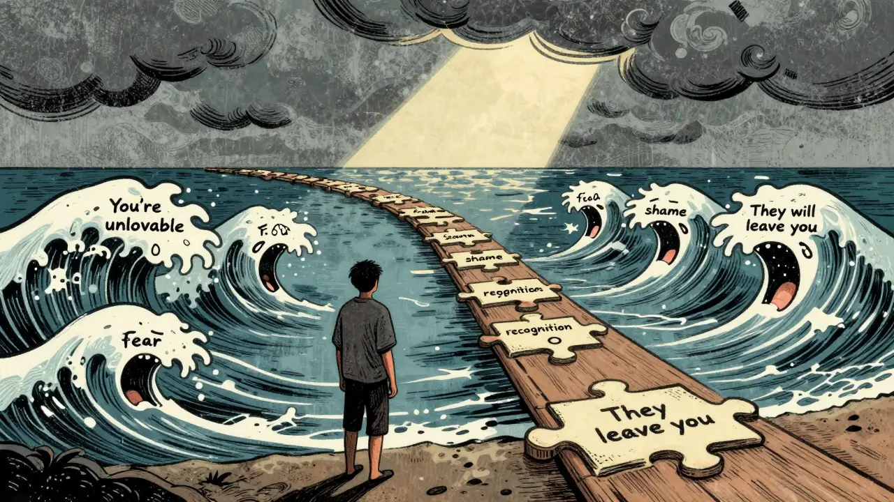 Pacient stojí na břehu moře tvořené kříkem minulosti, za ním vzniká most z propojených emocí, který ho vede k útěchu.