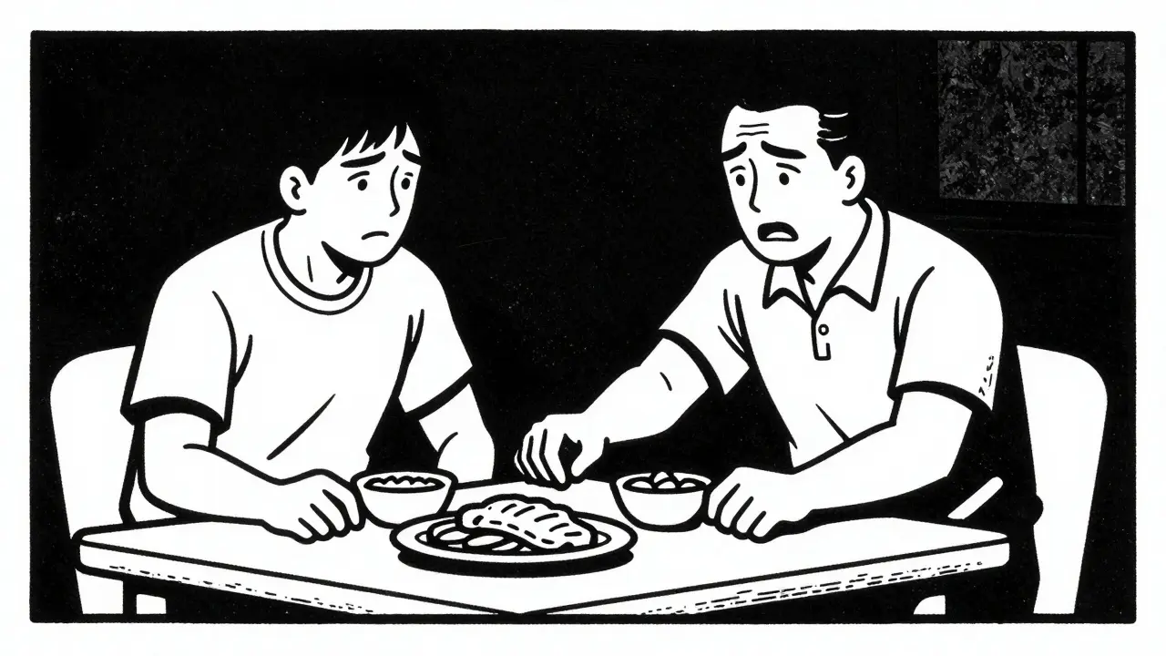 Pacientka odmítá jídlo s vyjevenou úzkostí.