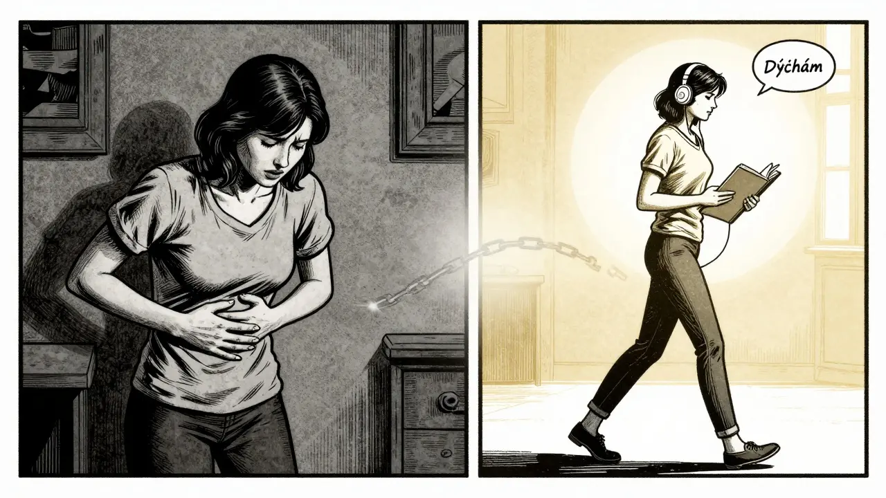 Přechod od isolace k víře: levá strana – tma a bolest, pravá – světlo, kreslení a poslech hudby.