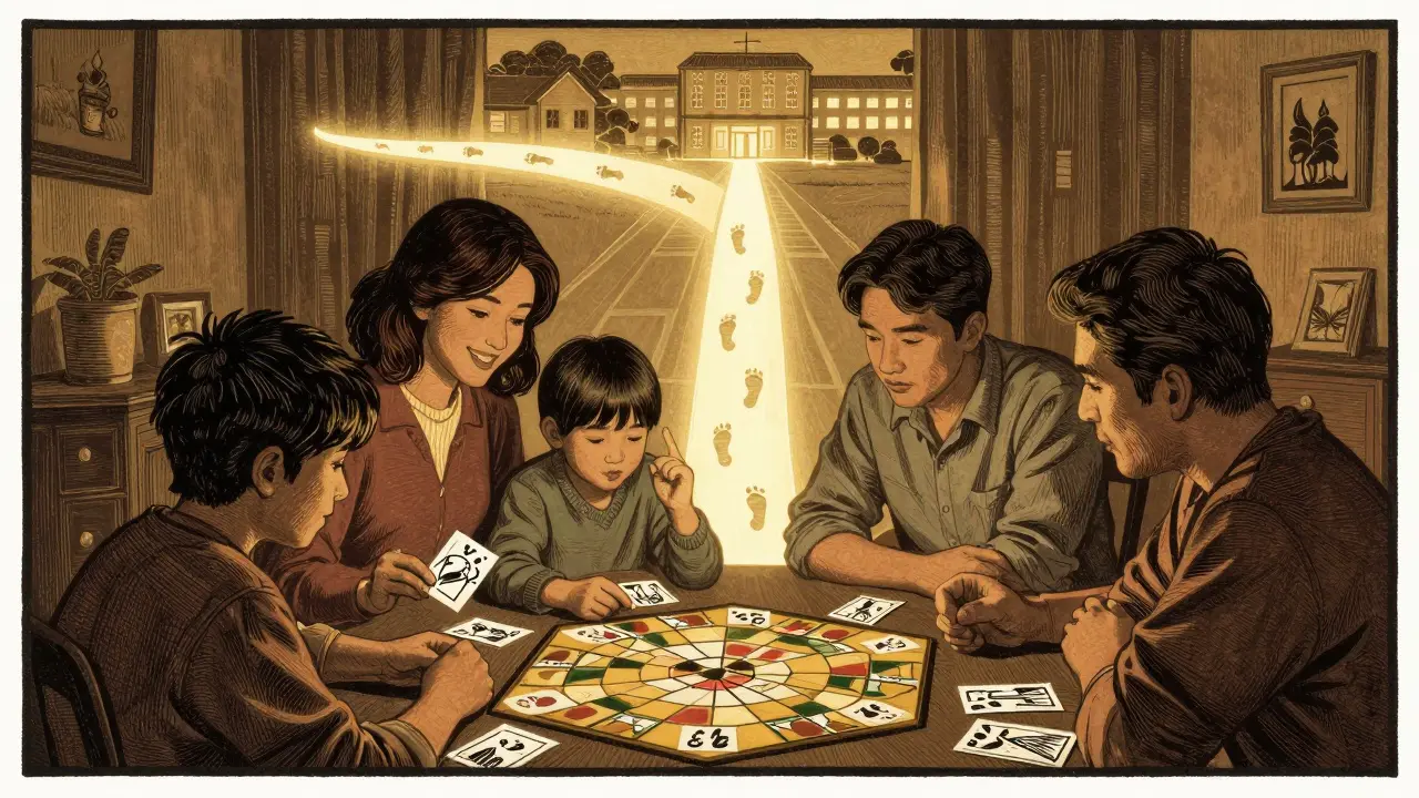 Rodina hraje hru, kde dítě komunikuje gesty a obrázky, zatímco cesta k škole se pomalu otevírá.