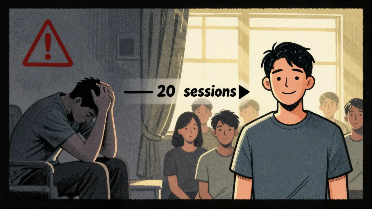 Rozdělený obrázek: osamělý člověk v tmu a stejný člověk v skupině se světlem, s šipkou označující přechod po 20 sezeních.