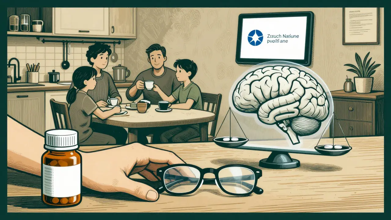Ruka kladoucí brýle vedle léku, rodina za nimi, na pozadí online platforma pro psychoedukaci.