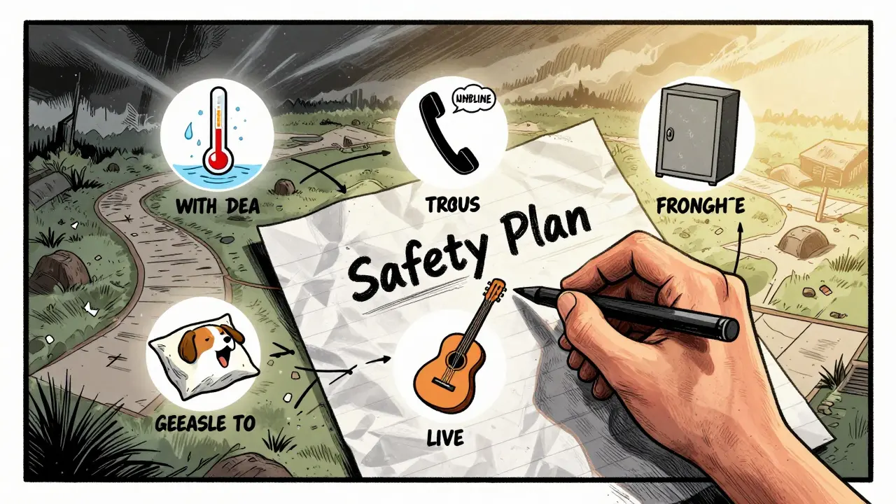 Ruka píše bezpečnostní plán s ikonami studené vody, telefonu, zámku, polštáře, psa a kytary.