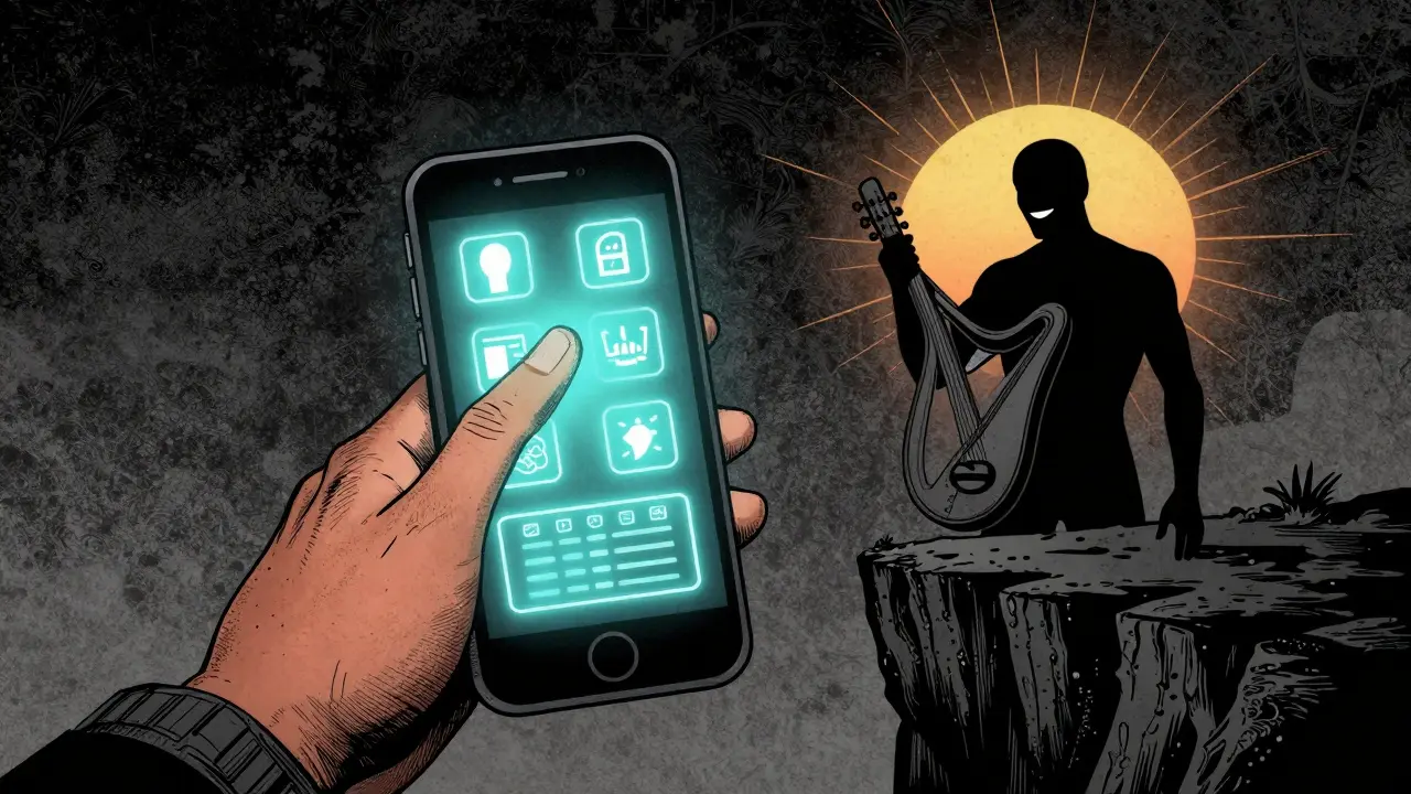 Ruka z telefonu ukazuje digitální nástroje pro přežití krize, zrcadlení v obrazovce ukazuje naději a kytaru pod sluncem.