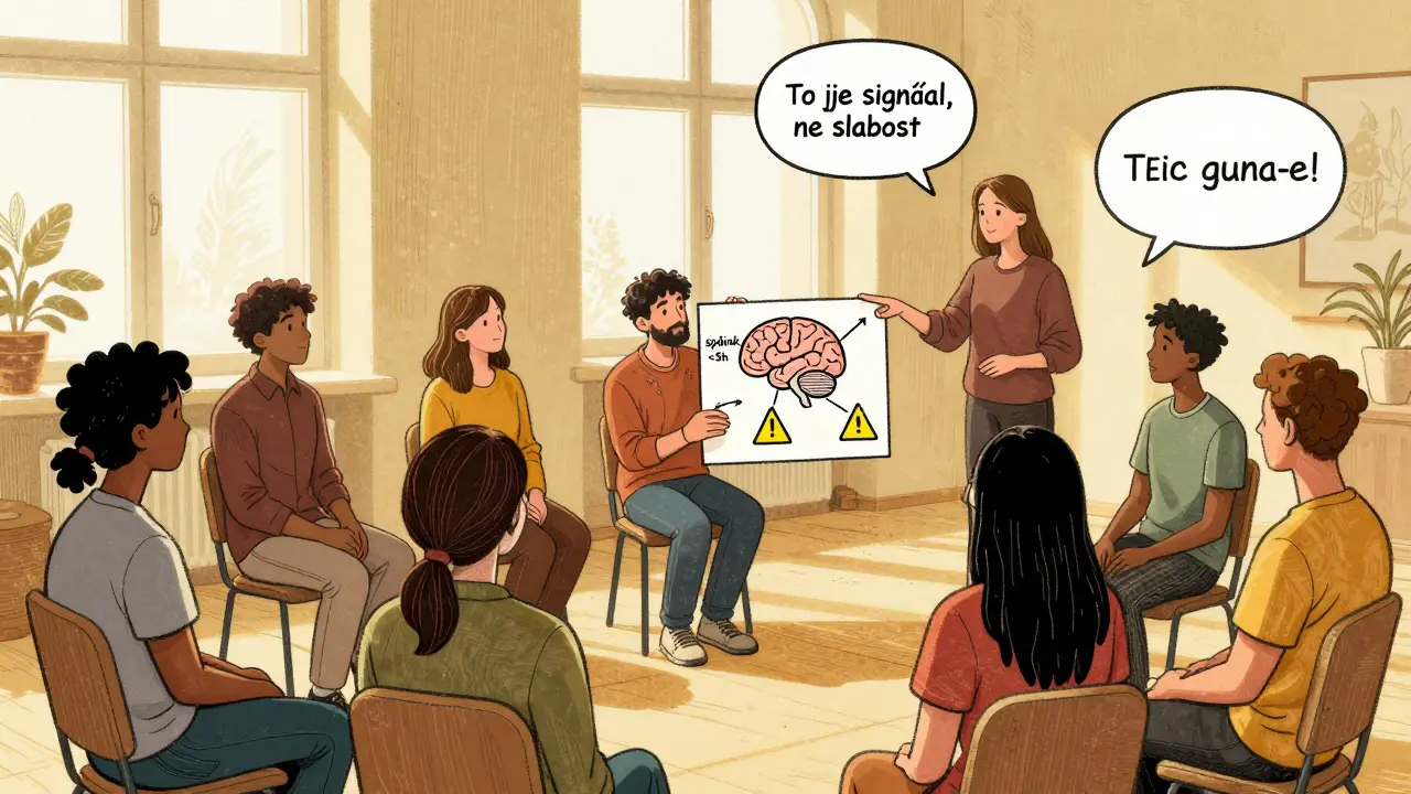 Skupina lidí v kruhu během psychoedukačního setkání, jeden ukazuje na diagram varovných příznaků.